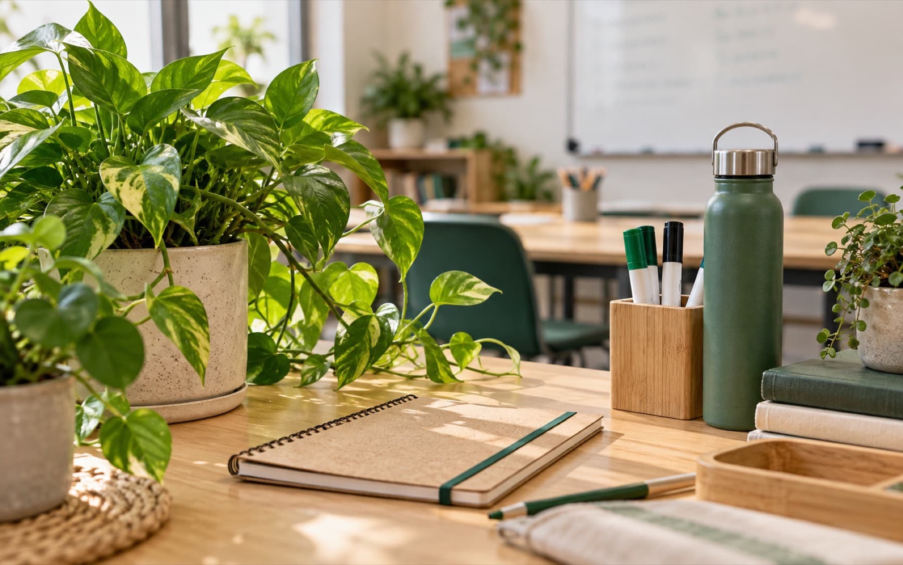 A bright, plant-filled sustainable classroom